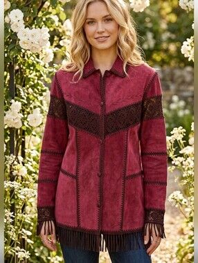 Burgundy Crochet & Genuine Leather Jacket